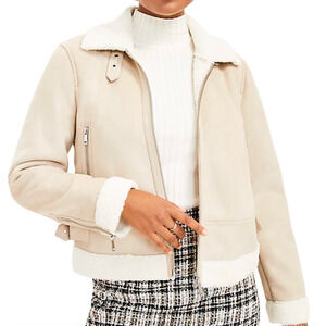 NEW LOFT ANN TAYLOR DRIFTED SAND FAUX SUEDE AVIATOR SHERPA JACKET COAT SZ M